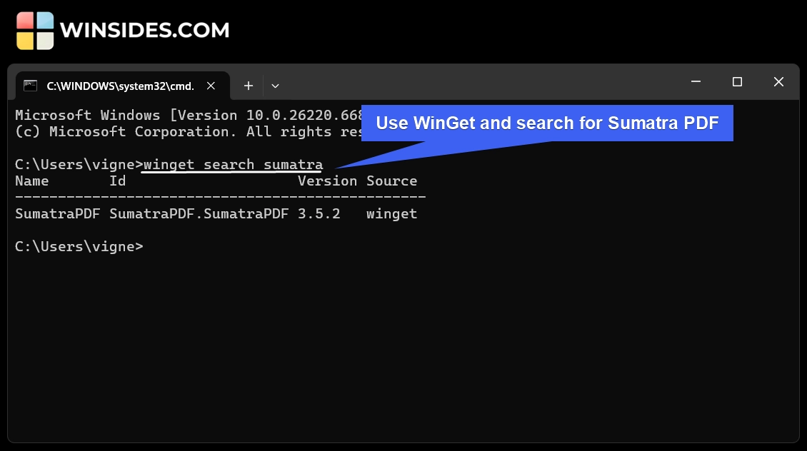 Search for Sumatra PDF using WinGET